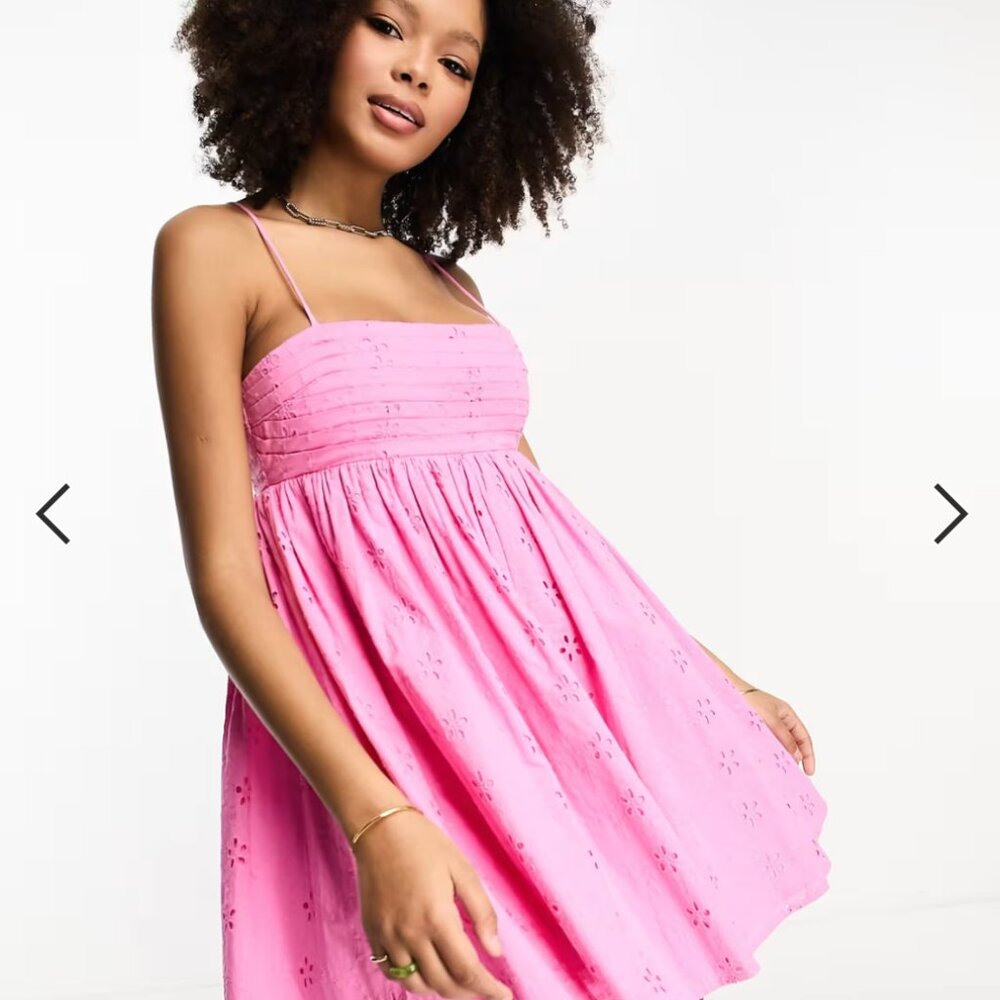 ASOS DESIGN Broderie Cotton Pleat-Bust Babydoll Mini Sundress – US 6 (Pink)